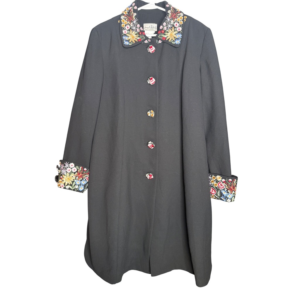 Joseph Ribkoff Black 
 Floral Embroidered Collar Sleeve Longline Jacket Coat